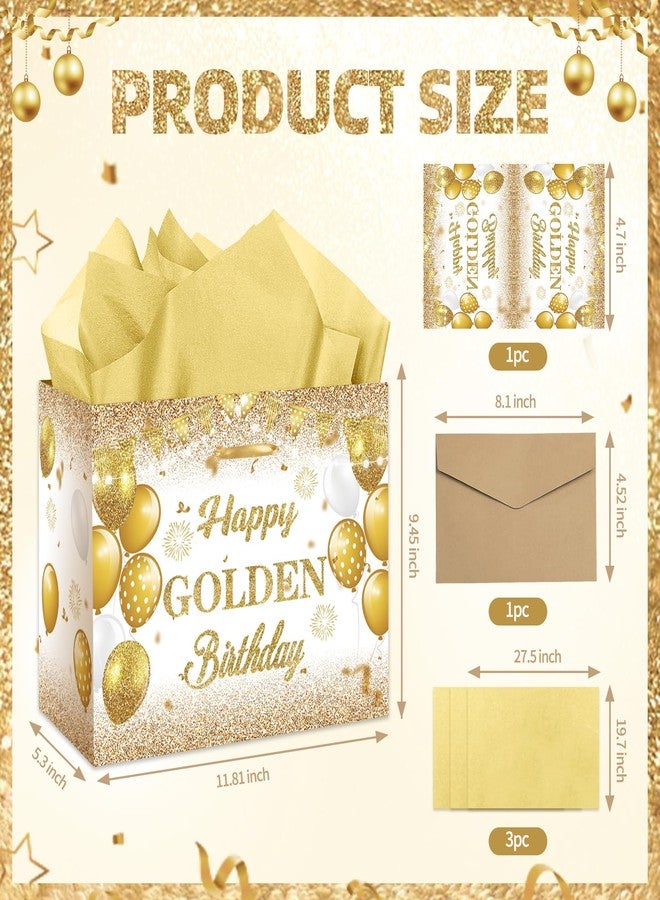 RTMISA Golden Birthday Gift Bag with Tissue Paper and Greeting Card Happy Golden Birthday Gifts Wrapping Paper Bag for Women Men, White and Gold Bday Party Favor Supplies Decorations - Image 2